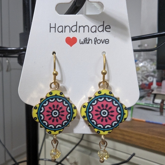 Handmade Jewelry - Pink and Yellow Mandala Earrings with Gold Accents